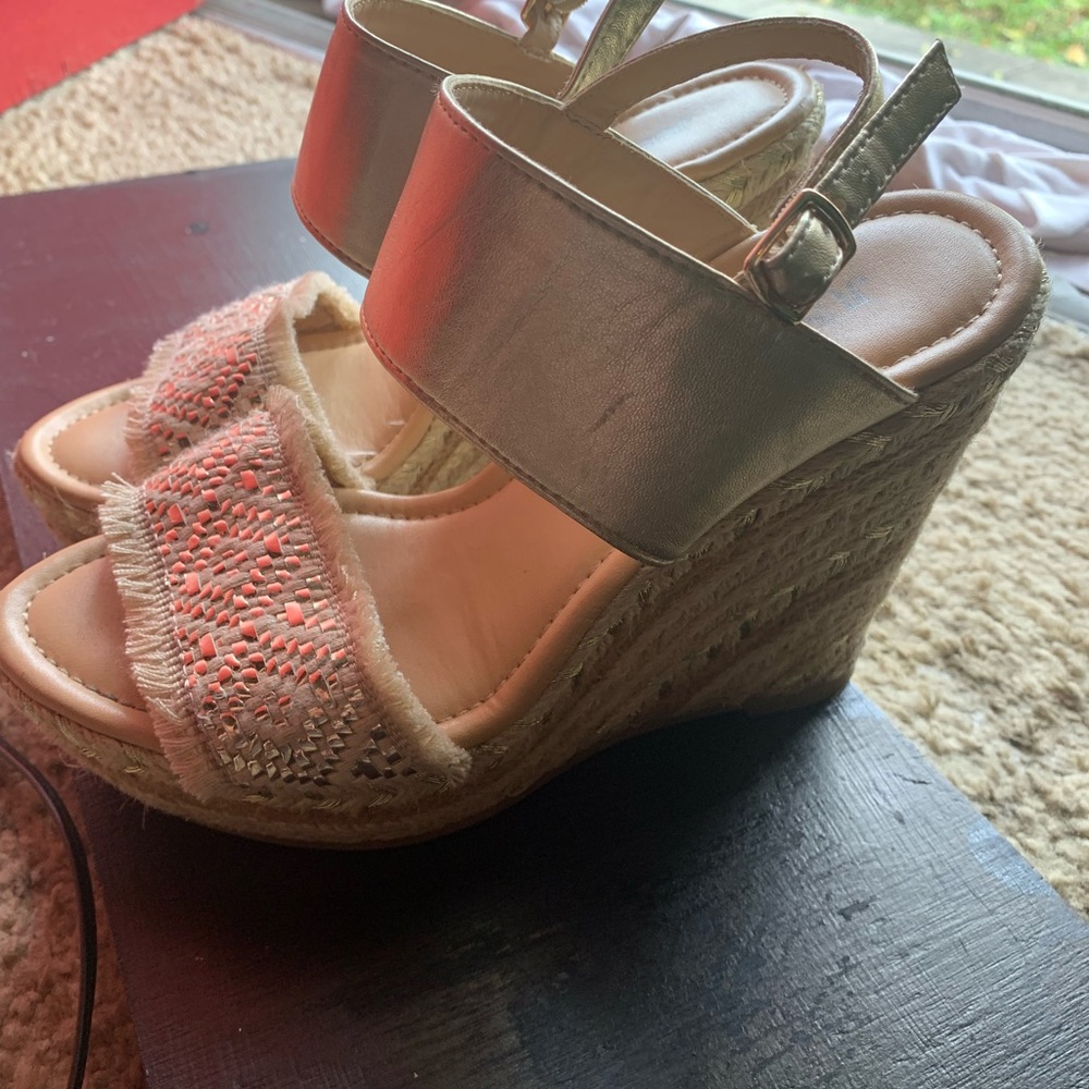 Cream Wedge Shoes with High Heel and Cork Texture